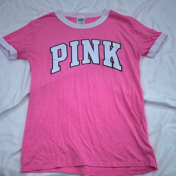 PINK Victoria's Secret Bright Pink and White Tee - Picture 2 of 5